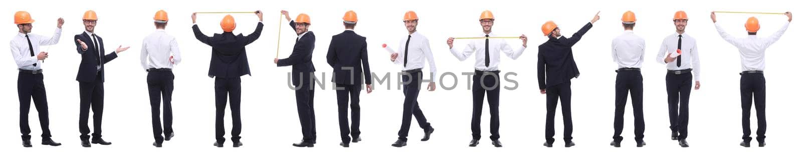 panoramic photo collage of confident architect isolated on white background