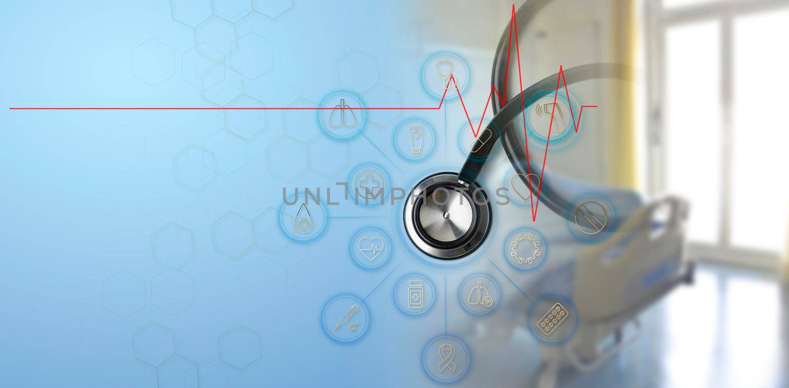 Medical technology telemedicine health insurance virtual hospital concept. Top view stethoscope with health icon medical network connection with icon modern virtual screen interface and hospital room