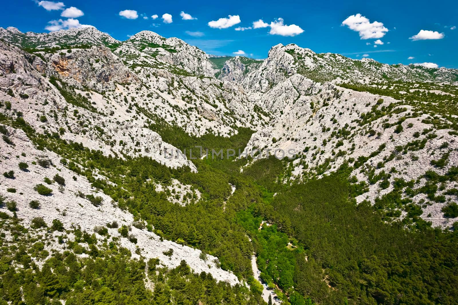 Paklenica canyon National park on Velebit mountain aerial view, nature of Croatia