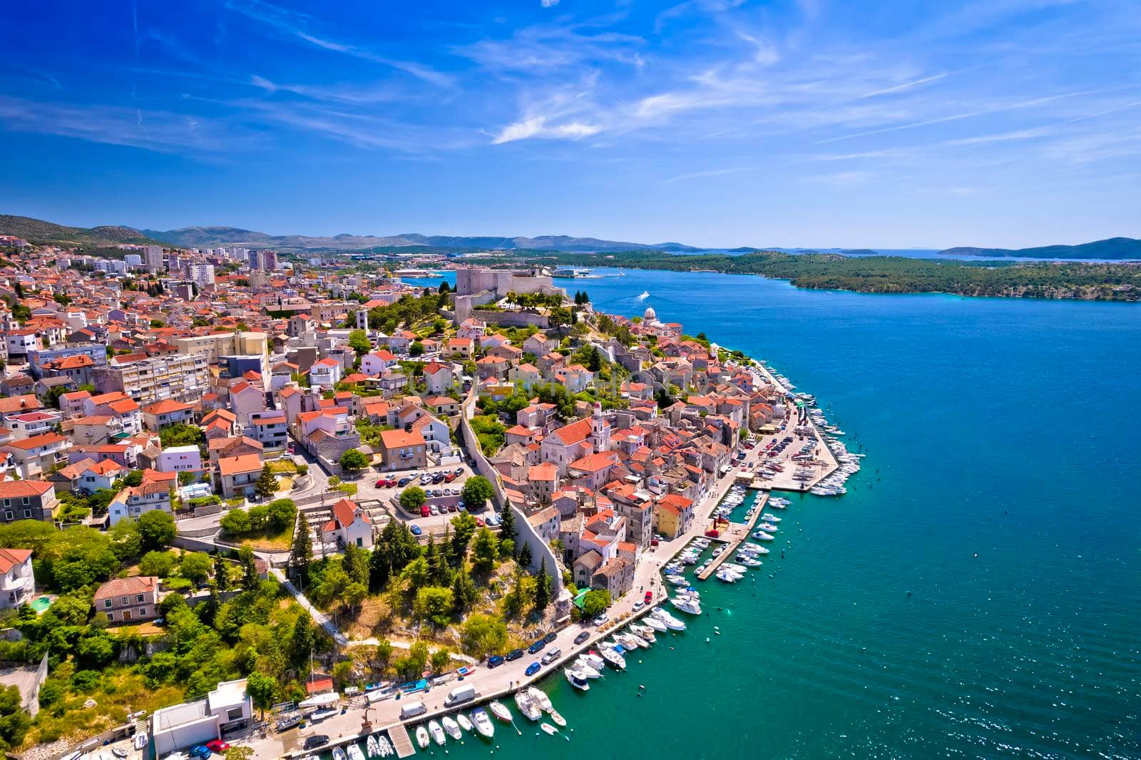 Sibenik waterfront and historic architecture aerial view, Dalmatia region of Croatia