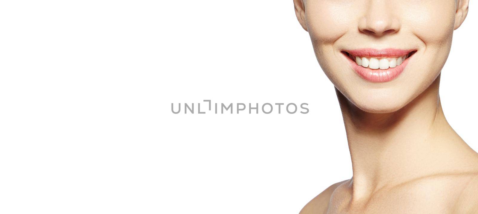 Beautiful Part Face Young Woman with White Teeth on White Background. Happy Smile. Wellness and Tooth Care. Copy Space by MarinaFrost