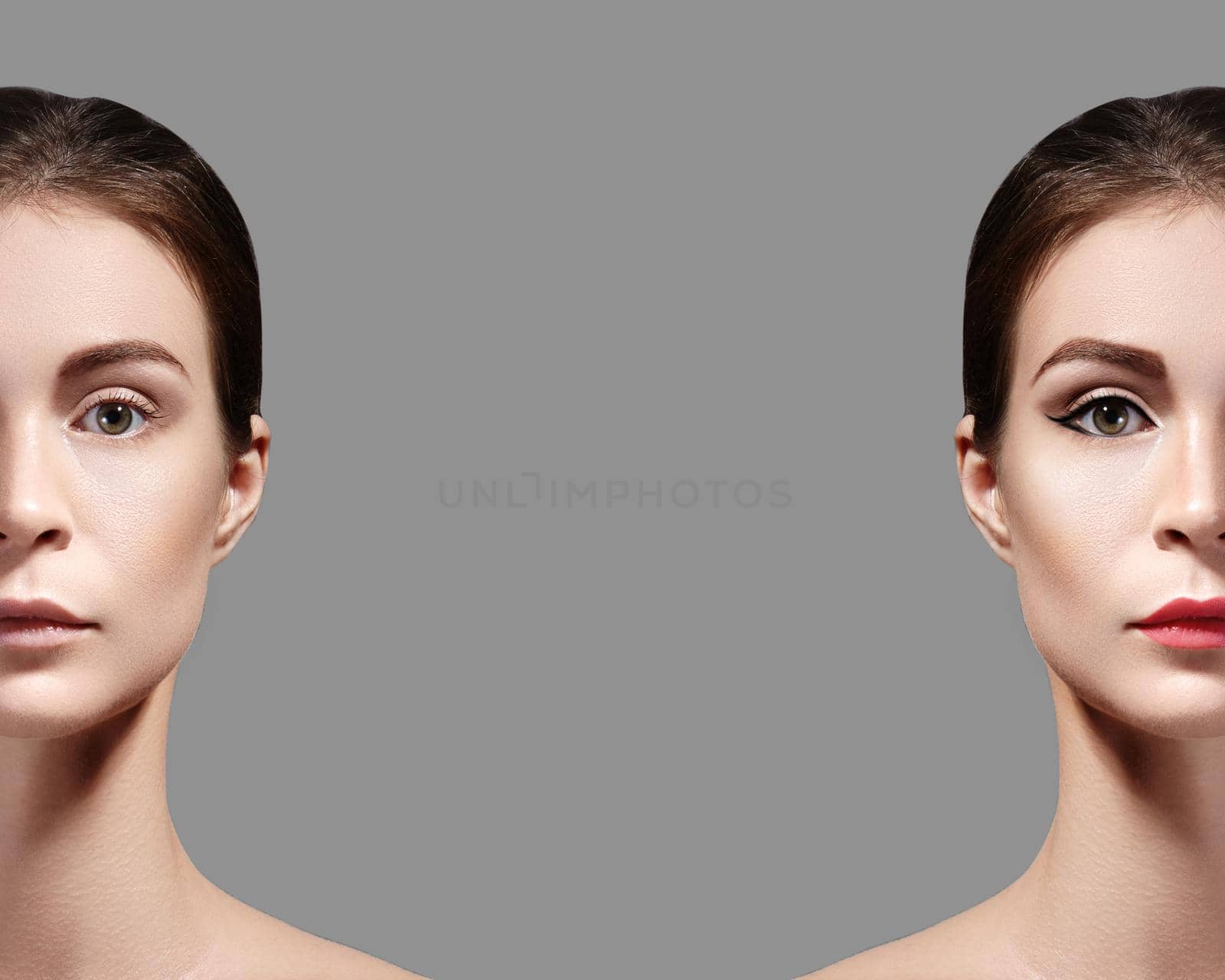 Beautiful Young Woman Before and After Makeup. Comparison Portrait of Two Parts of Face. Girl with and without Make-up by MarinaFrost