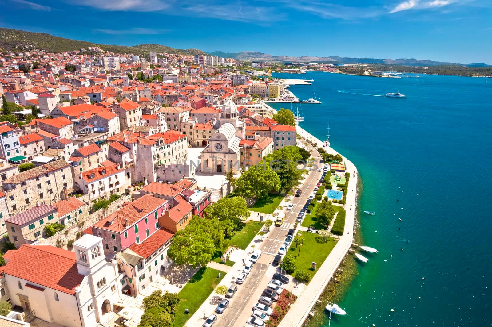 Sibenik waterfront and st. James cathedral aerial view, UNESCO world heritage site in Dalmatia region of Croatia