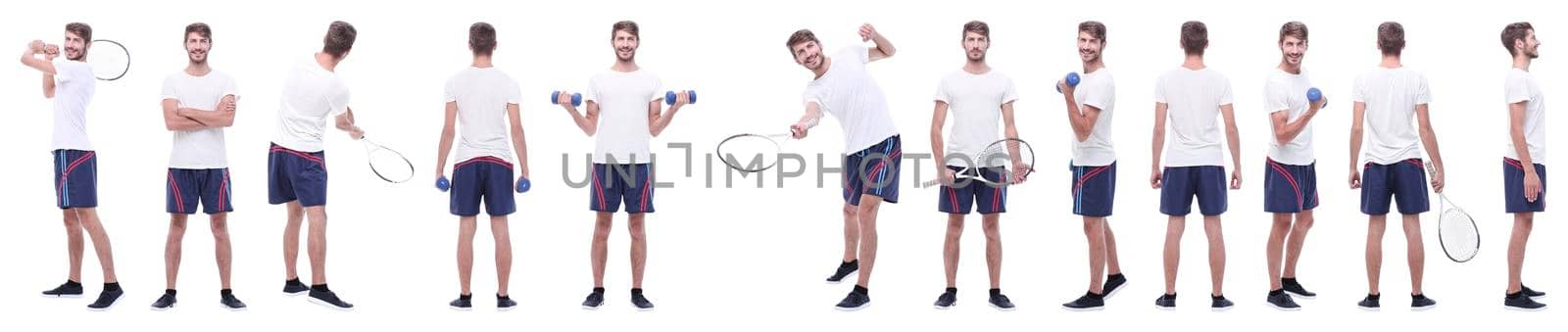 panoramic collage of male handyman isolated on white background.