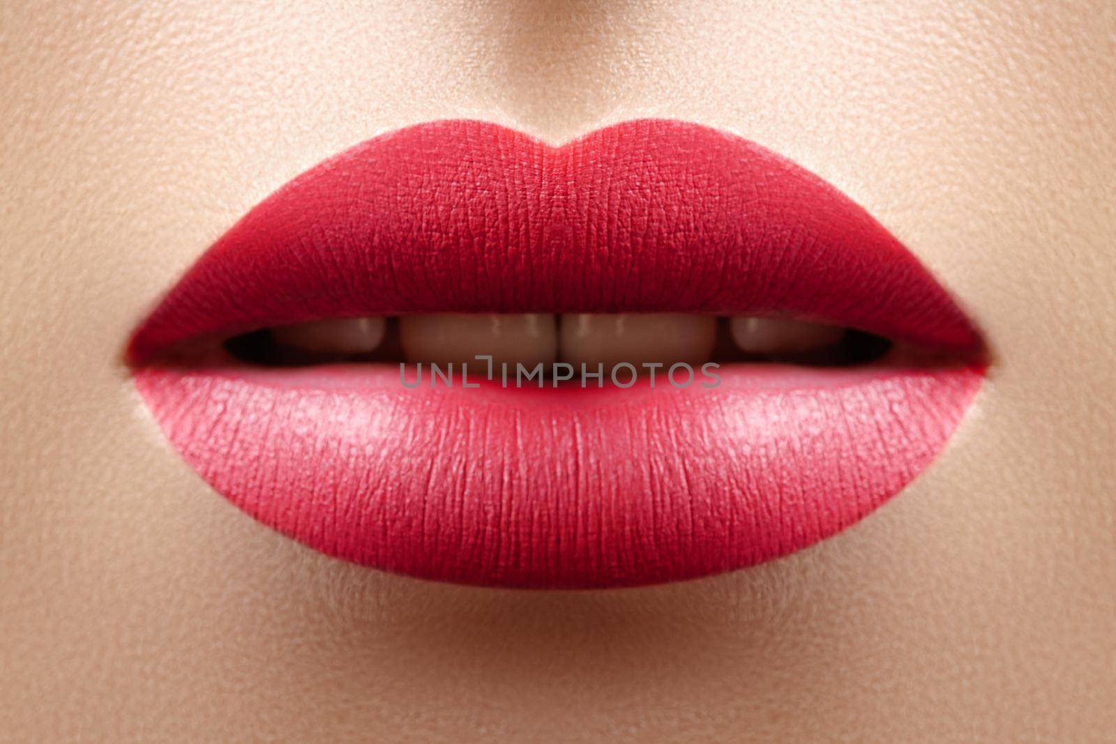 Beautiful Woman Lips with Red Fashion Lipstick Makeup. Cosmetic, Fashion Make-Up Concept. Beauty Lip Visage. Passionate kiss. Female Sexy Mouth