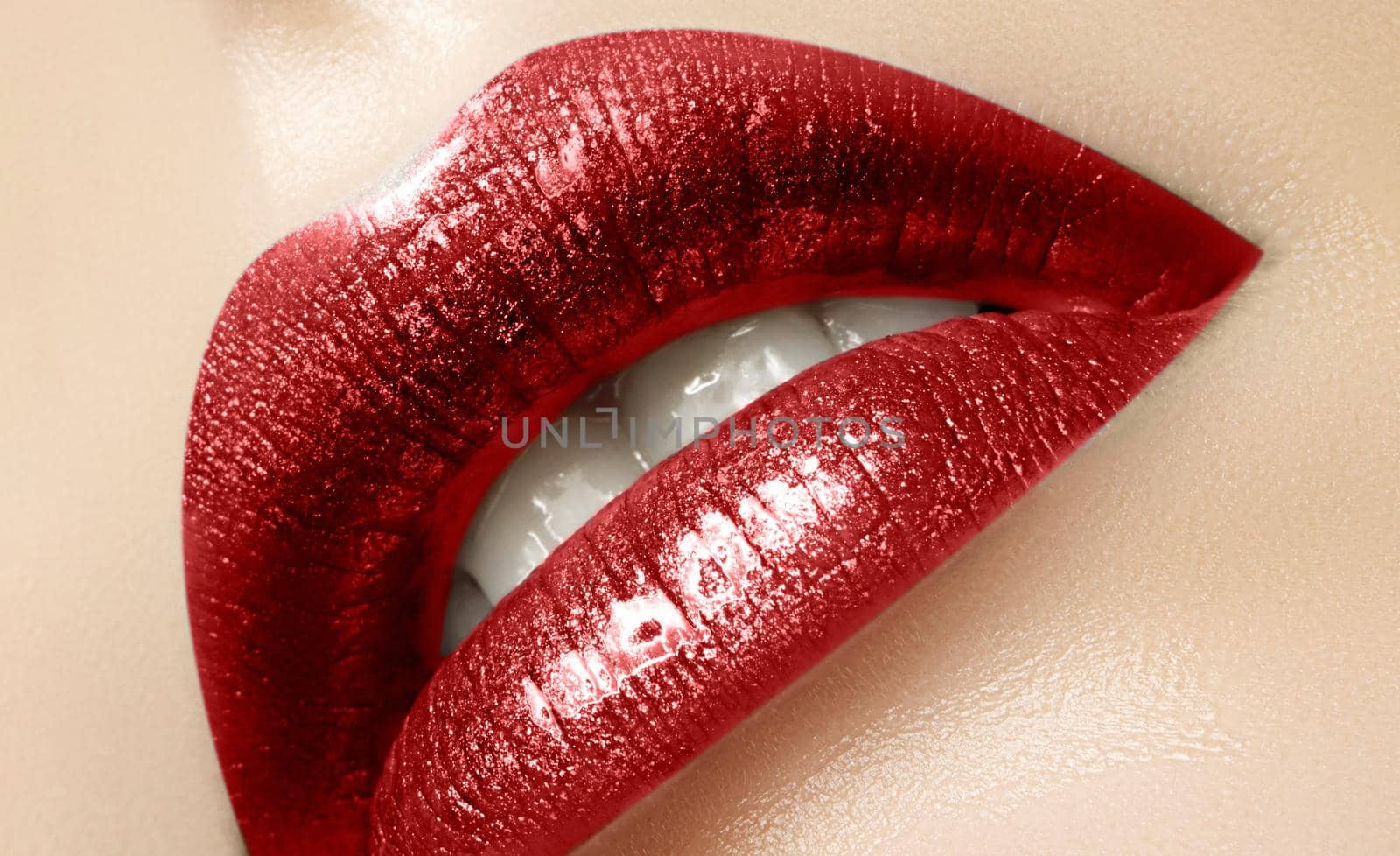 Beautiful Woman Lips with Fashion Red Lipstick Makeup. Cosmetic, Fashion Make-Up Concept. Beauty Lip Visage. Passionate kiss. Female Sexy Open Mouth