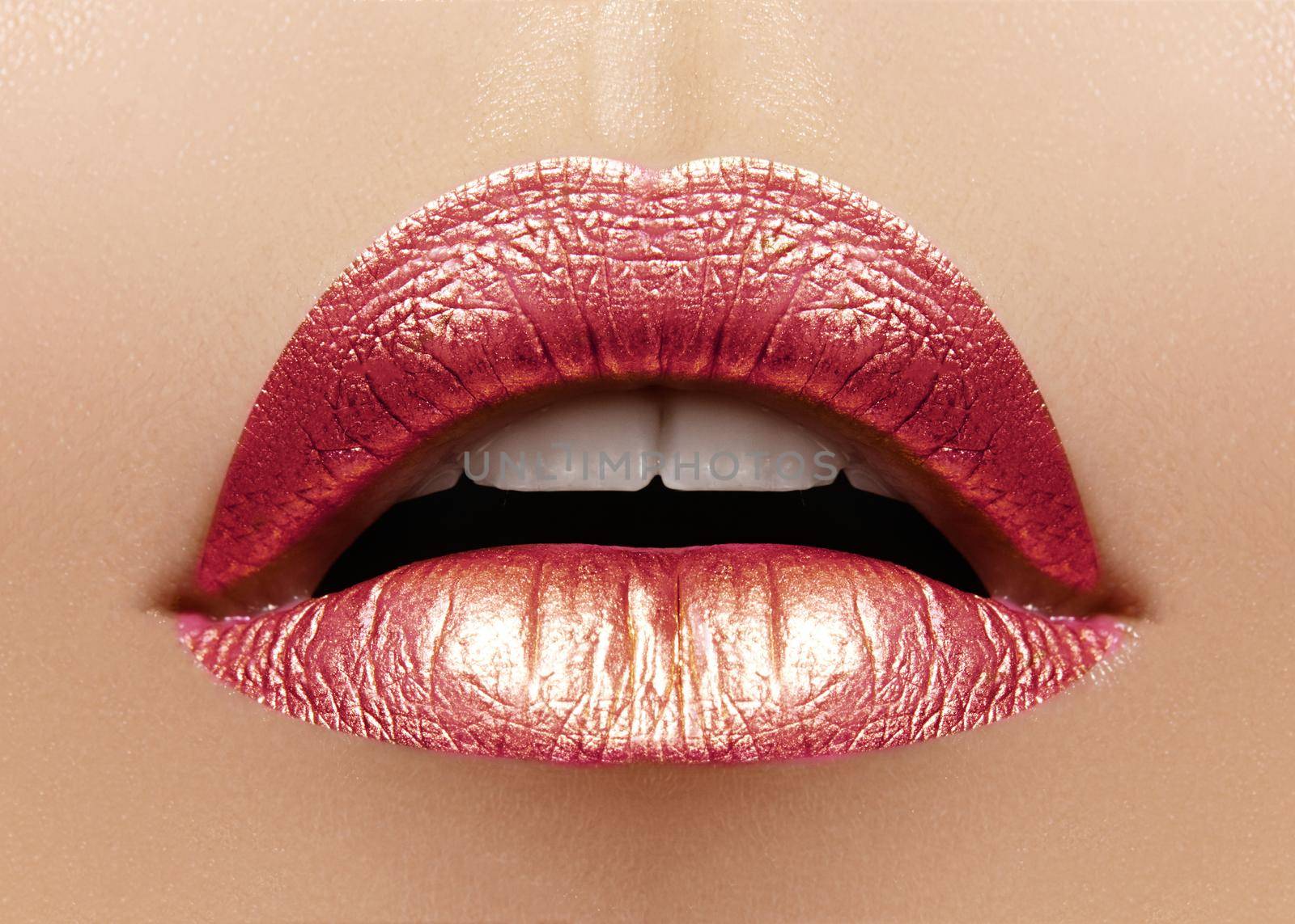 Beautiful Closeup with Female Plump Lips with Shiny Pink Makeup. Fashion Celebrate Make-up, Glitter Cosmetic by MarinaFrost