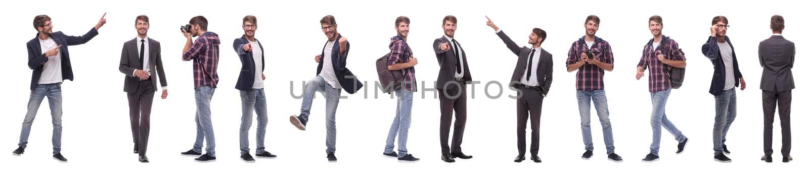 panoramic collage of self-motivated young man .isolated on white background