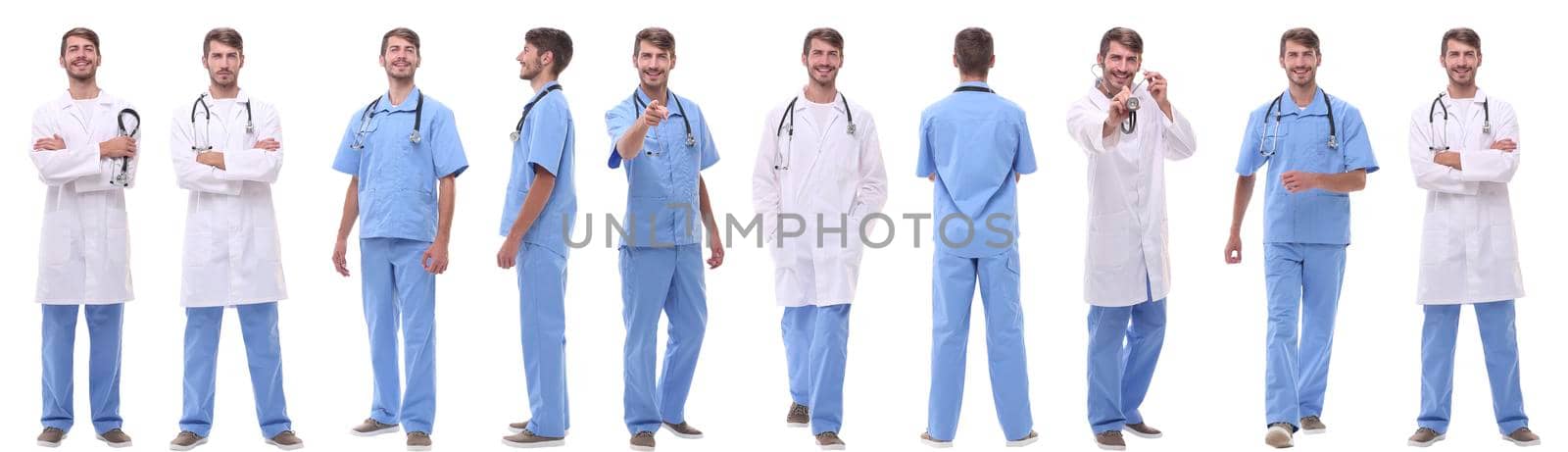 panoramic collage group of medical doctors . isolated on white background