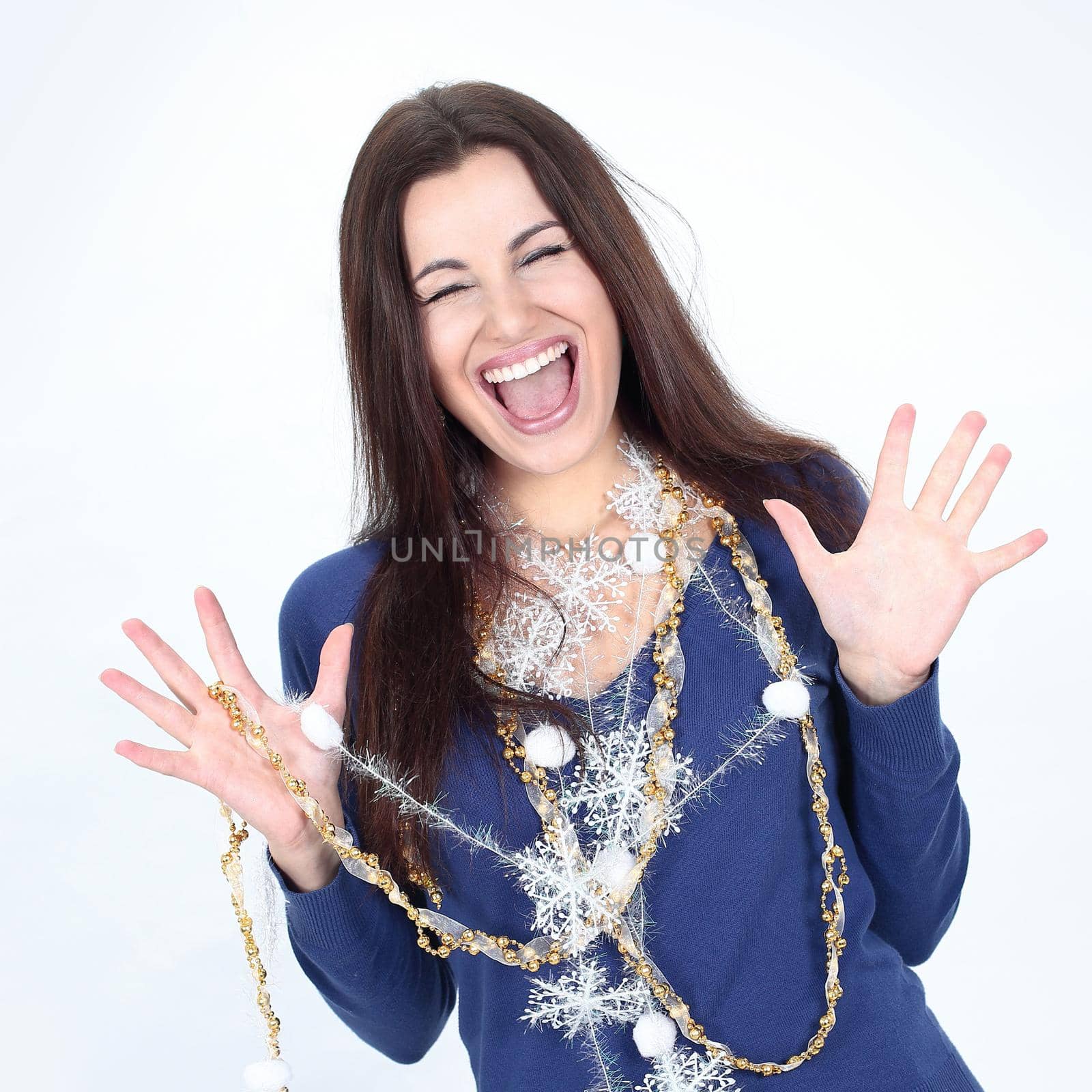 closeup. happy beautiful woman with Christmas gift .isolated on a white background.