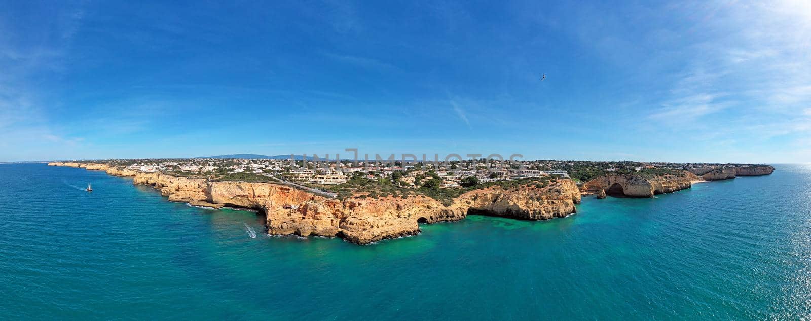 Aerial panorama from Algar Seco caves near Carvoeiro in the Algarve Portugal by devy