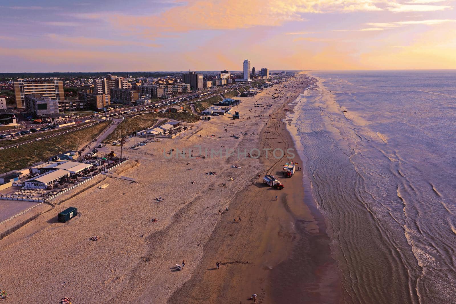 Aerial from the beach at Zandvoort at the North Sea in the Netherlands on a beautiful summer day