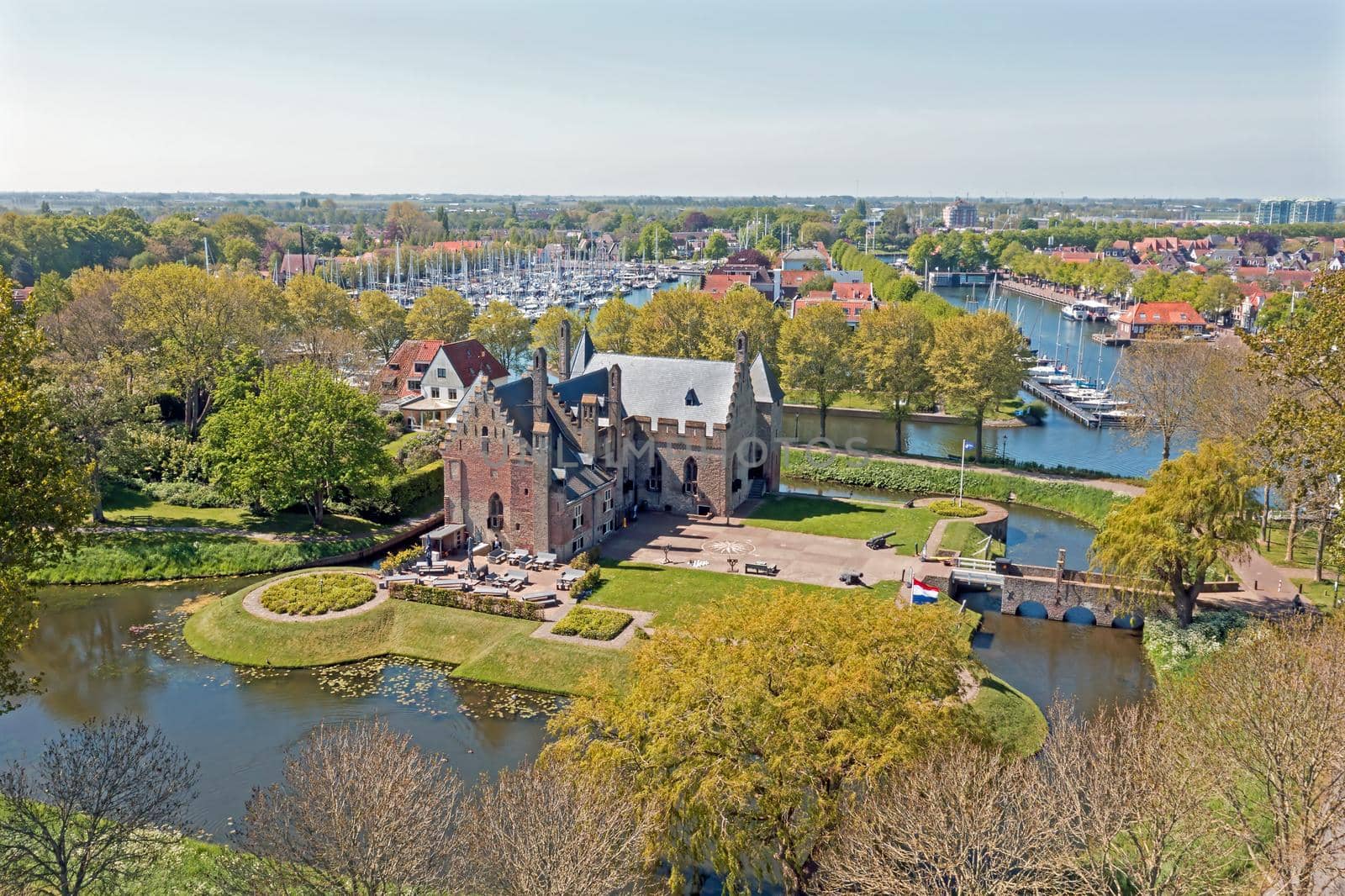 Aerial from the city Medemblik with the Radboud castle in the Netherlands