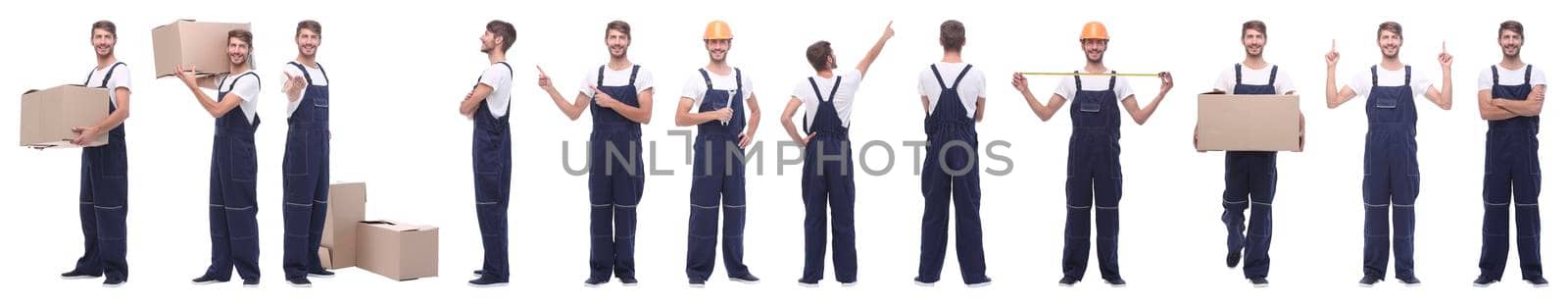 panoramic collage of skilled handyman isolated on white background.