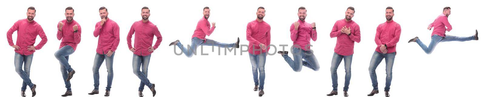 collage of photos of a handsome man in a red shirt. isolated on a white background