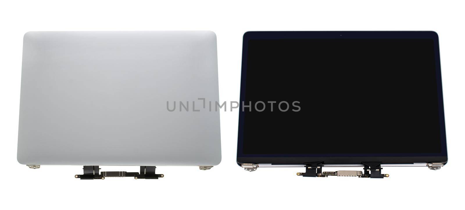 body parts for a laptop, a screen assembly for a laptop, a spare part for a computer, on a white background