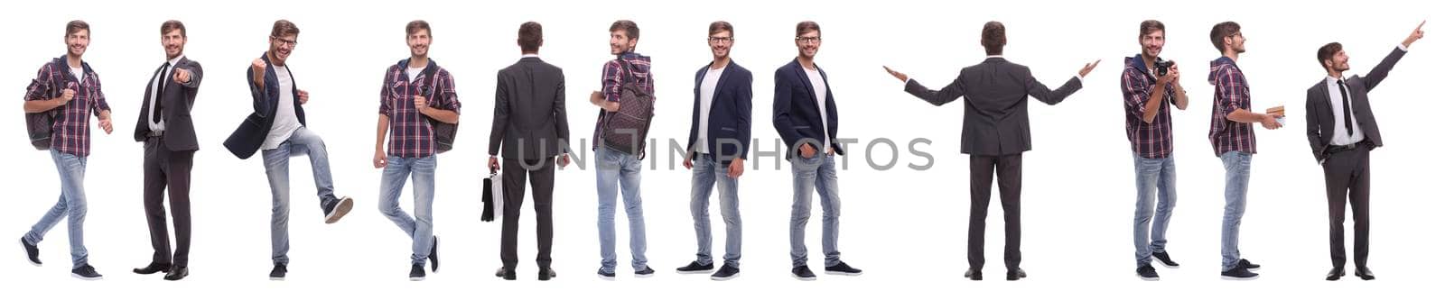 panoramic collage of self-motivated young man .isolated on white background