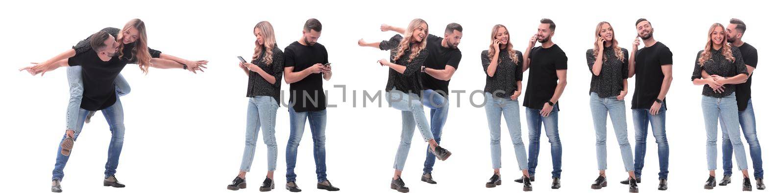 collage of photos of a couple of happy young people . isolated on a white background