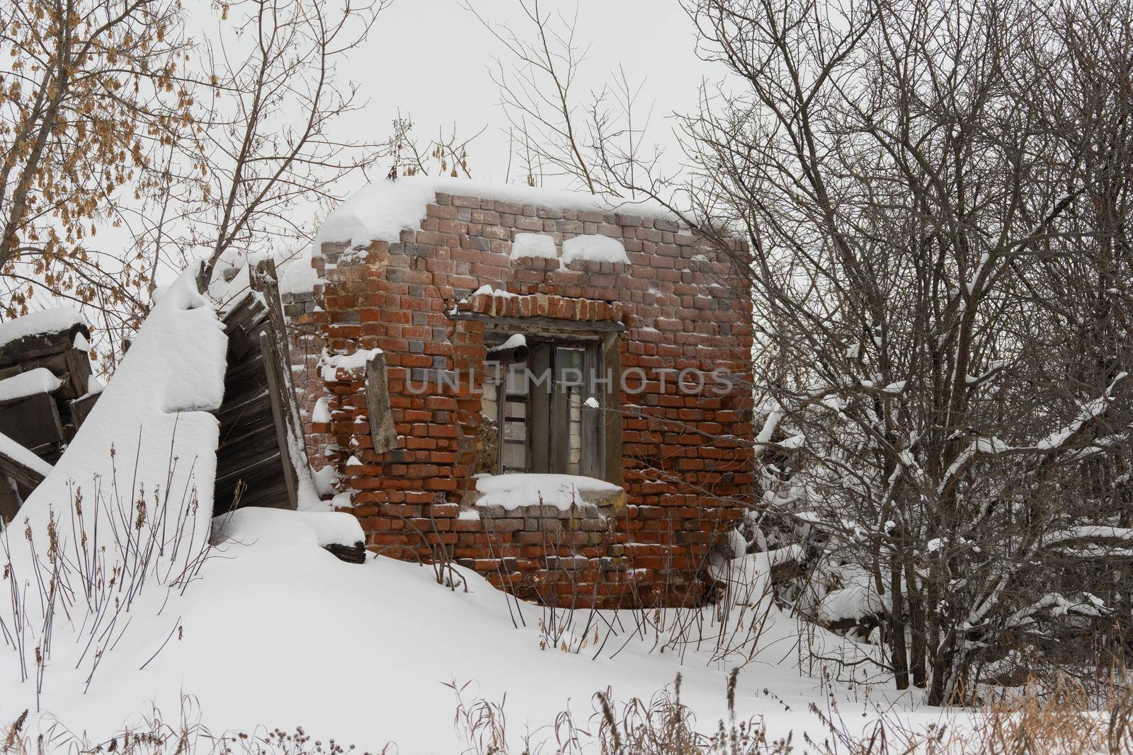 ruins of an old red brick house. The chimney of the stove protrudes from the window. in winter, there is snow all around. The wooden planks had already rotted and collapsed by olex