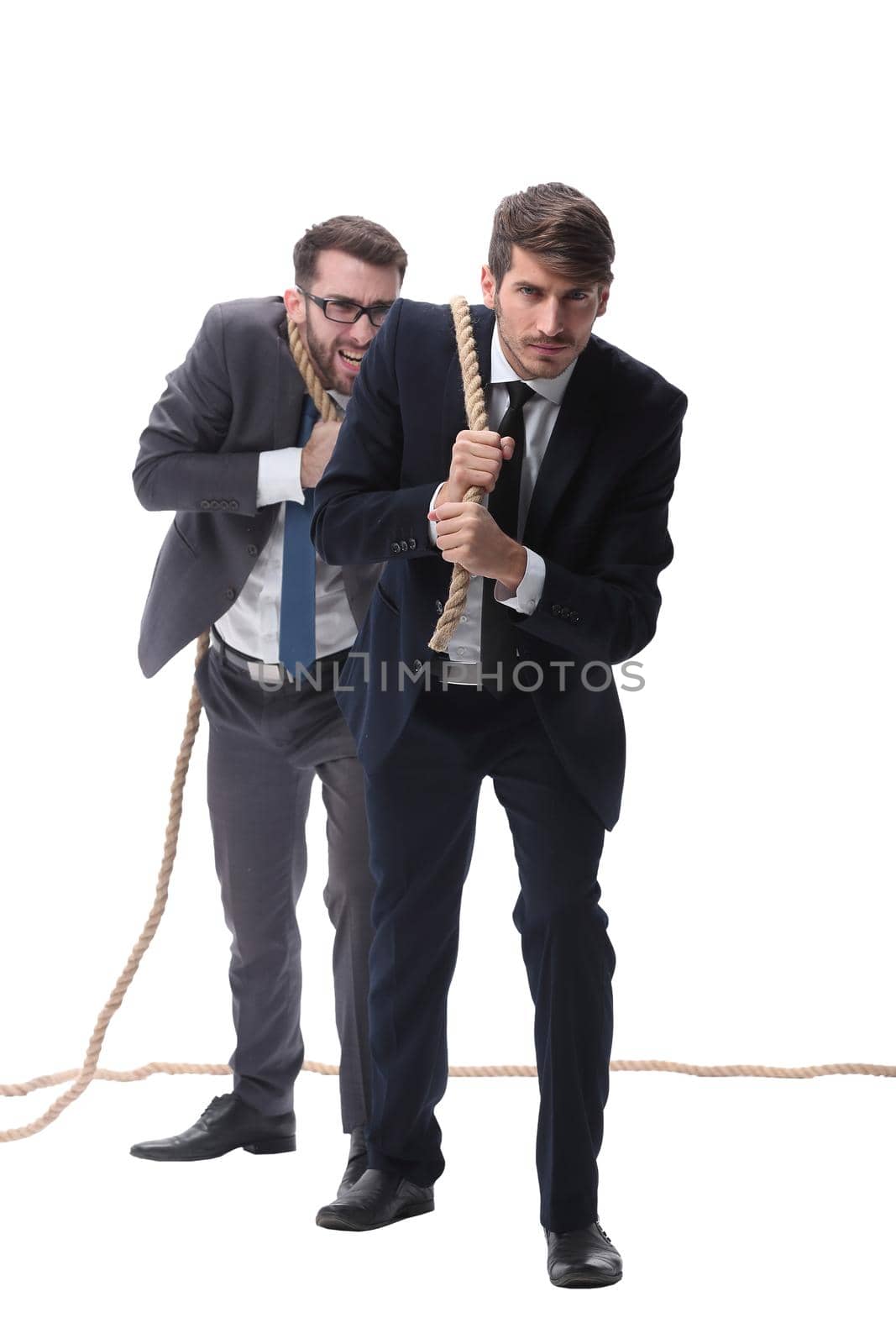 full length . two businessmen pulling a long rope. isolated on white background.