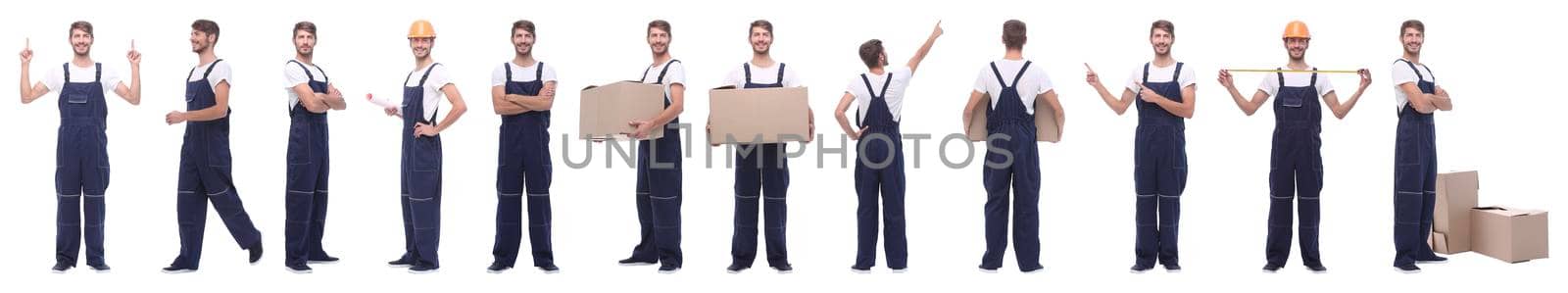 panoramic collage of skilled handyman isolated on white background.