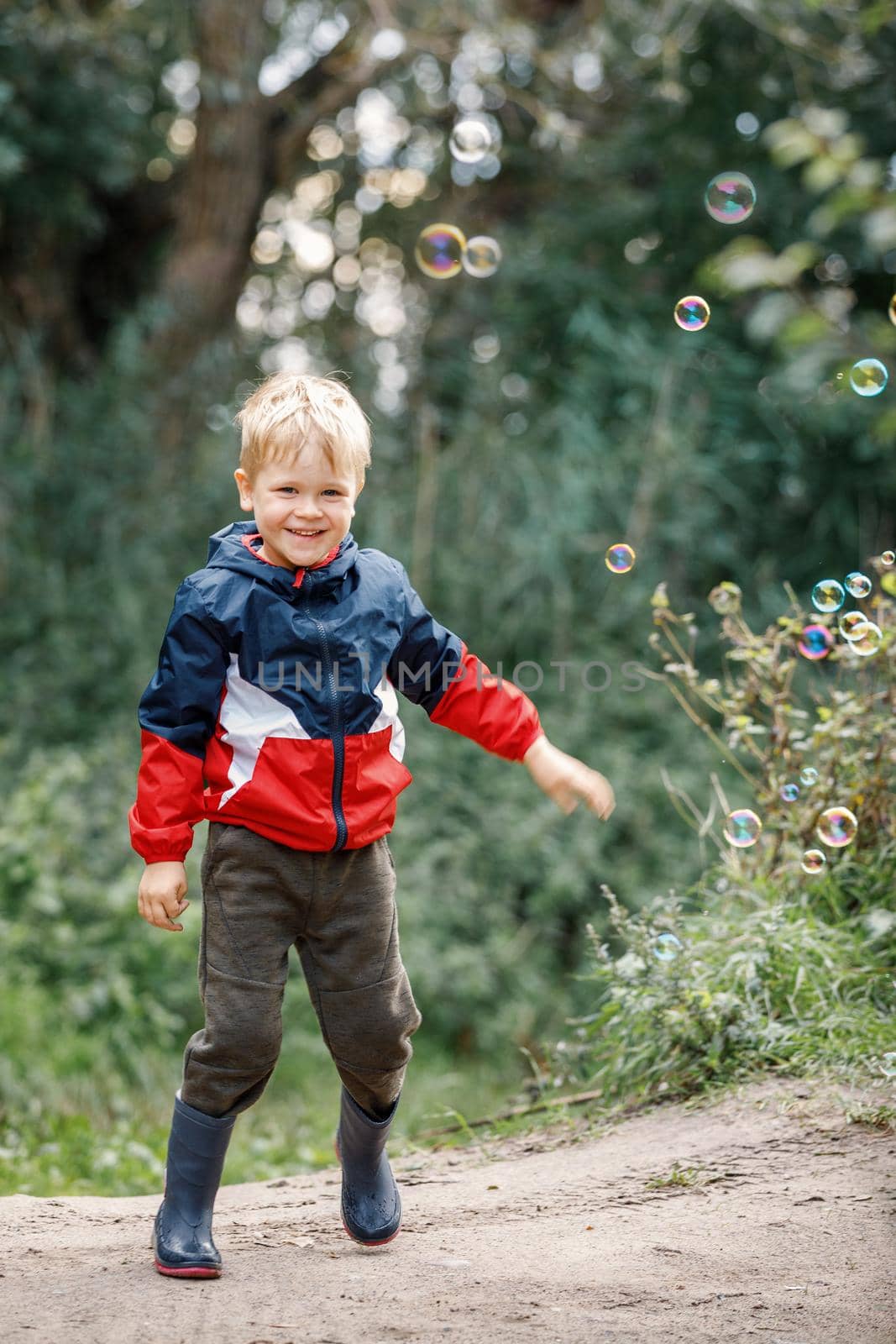 Cute happy little boy playing with soap bubbles in park. by Lincikas