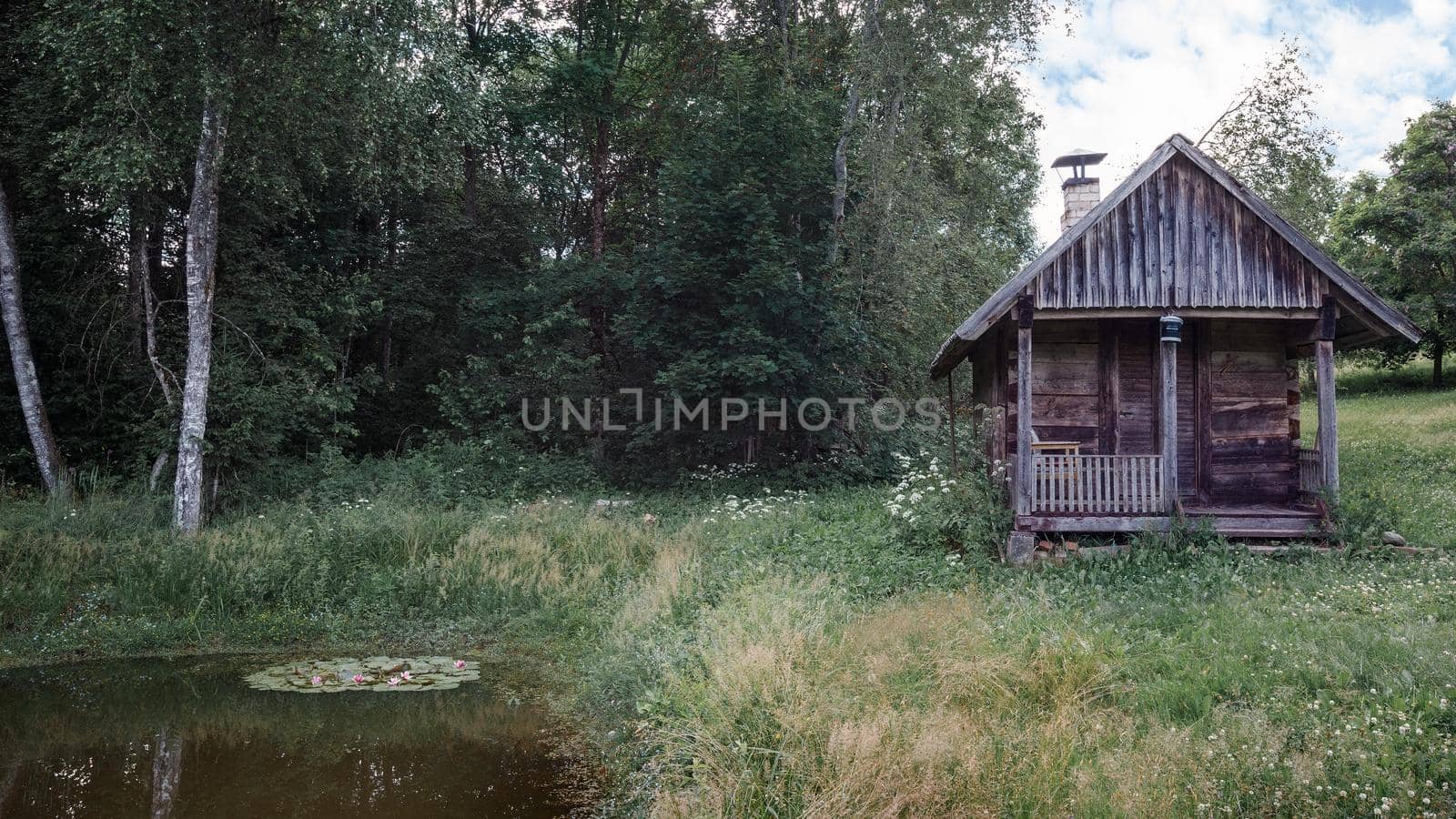 Village sauna house next to the forest and a pond.