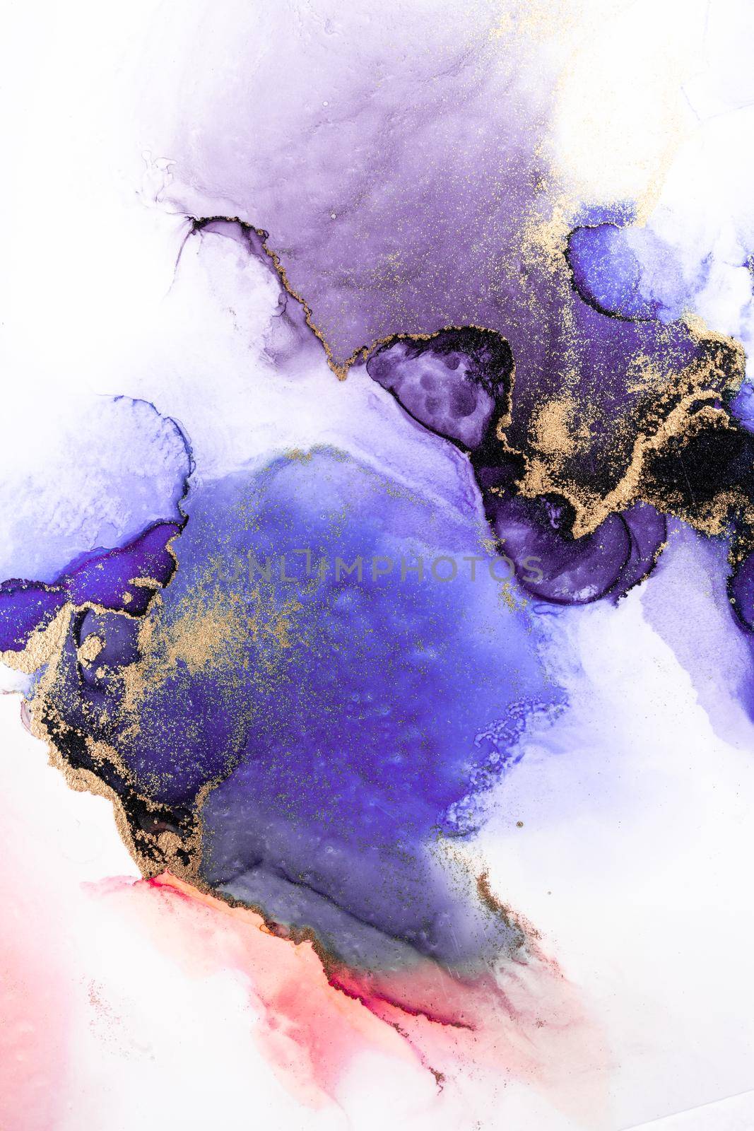 Purple gold abstract background of marble liquid ink art painting on paper . Image of original artwork watercolor alcohol ink paint on high quality paper texture .