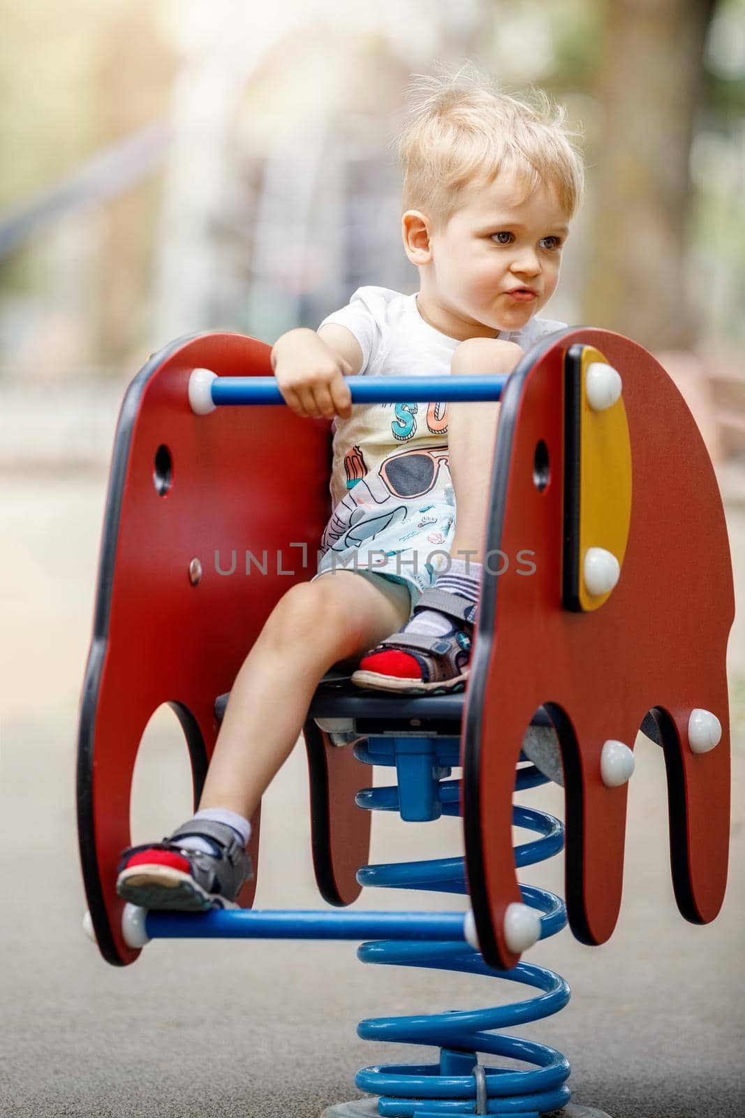 The blond little boy swings on a springy elephant-shaped swing on the playground during the summer.