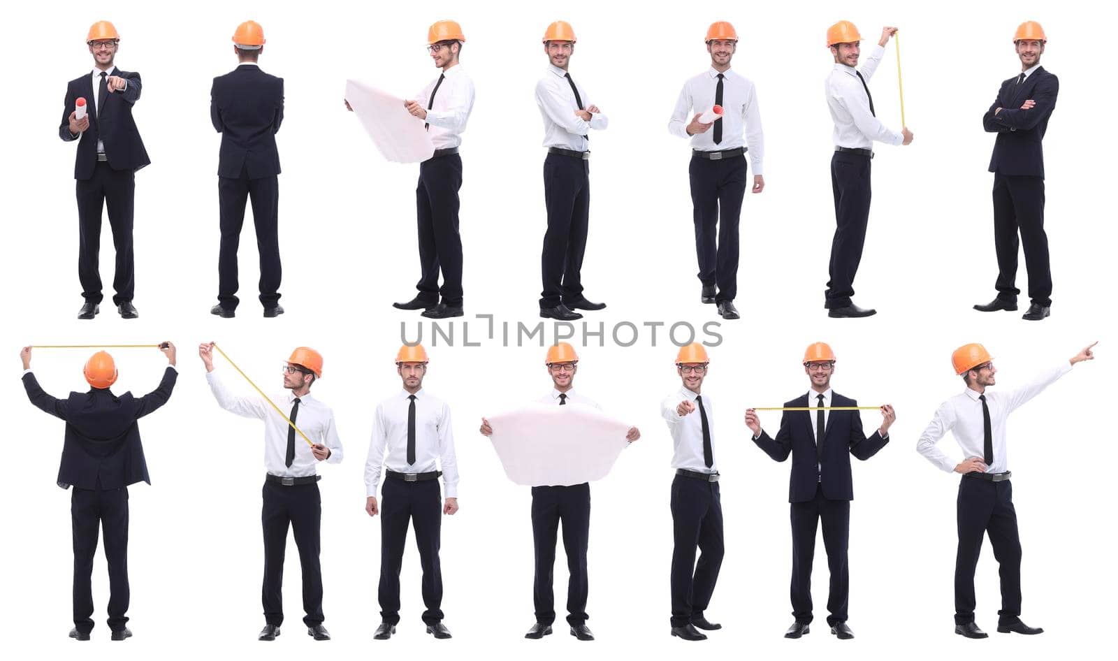 collage of photos of a young architect designer . isolated on white background