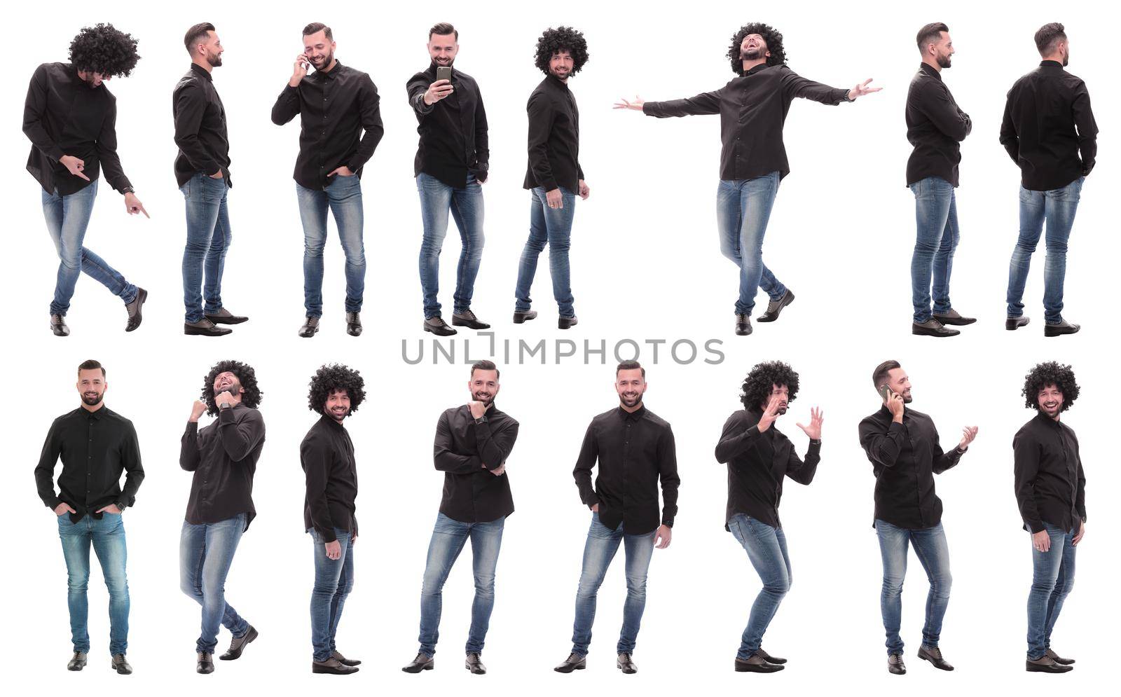 collage of photos of a cheerful young man in jeans. isolated on a white background