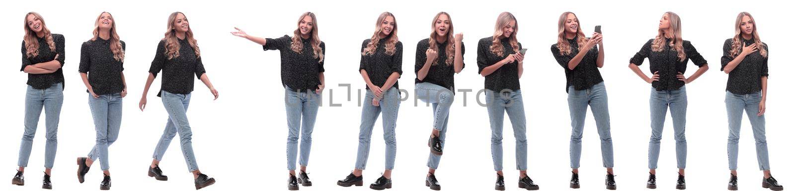 photo collage of a modern young woman with a smartphone. isolated on a white background