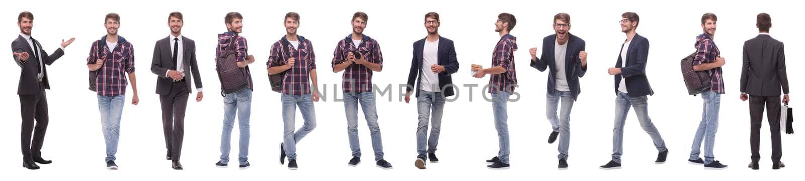 panoramic collage of self-motivated young man .isolated on white background