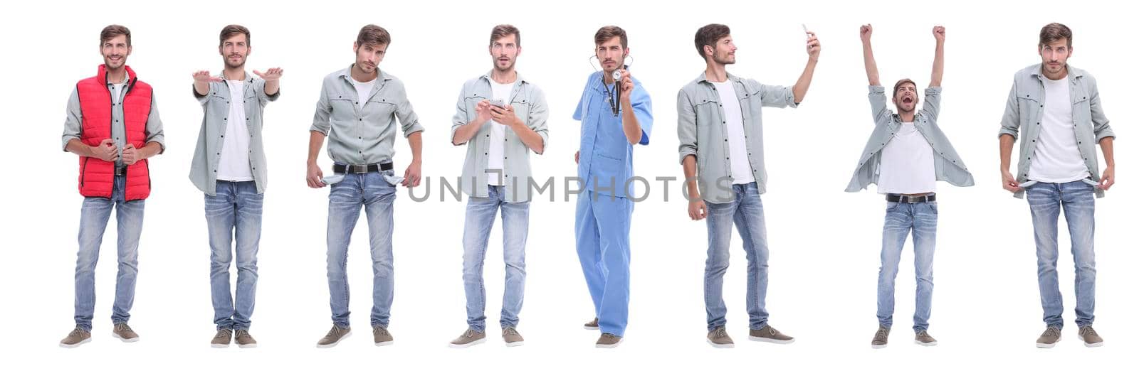 collage doctor and young man isolated on white background