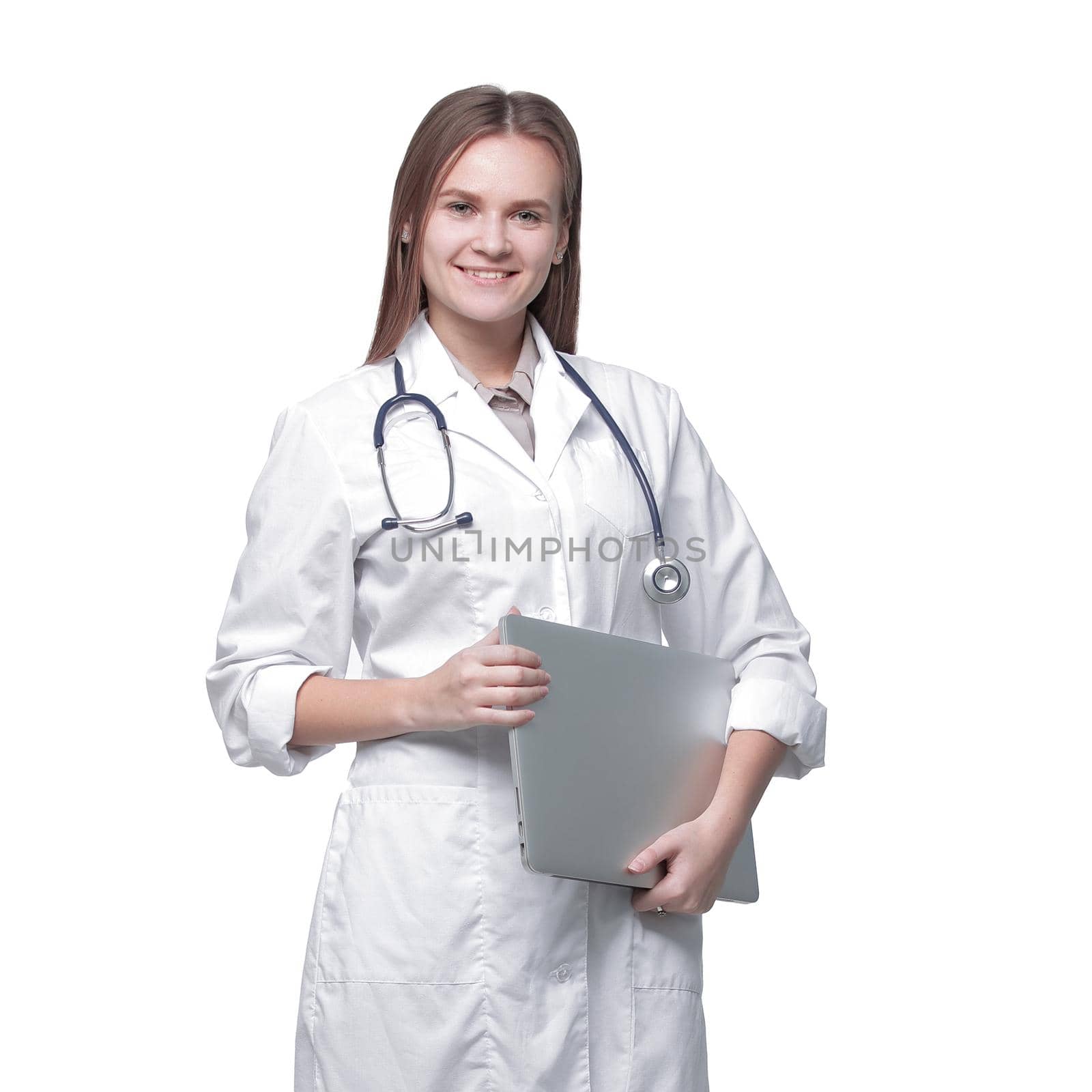 in full growth.portrait of a female therapist with documents.isolated on white background