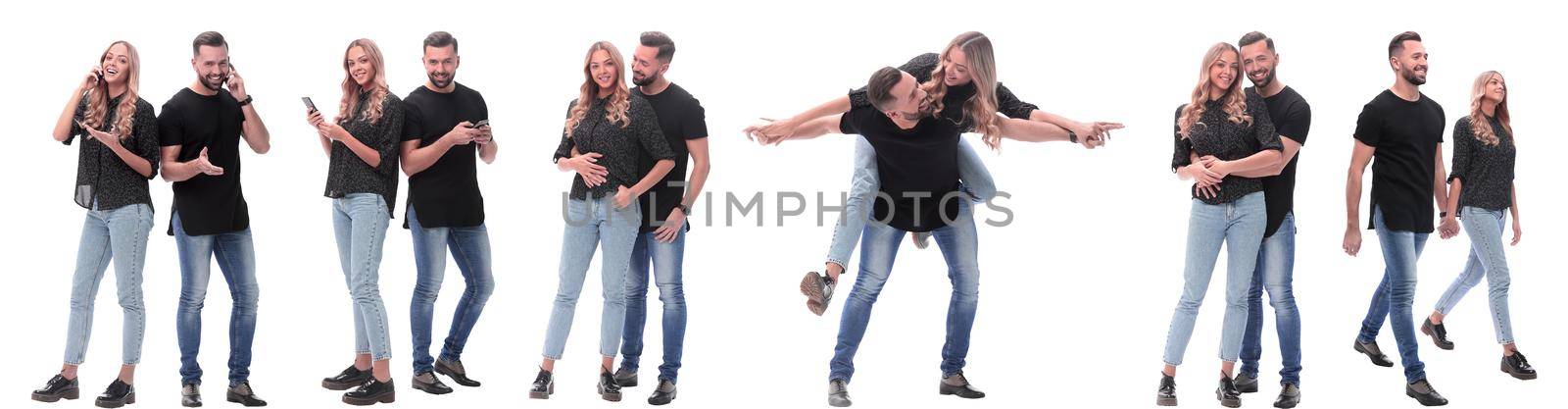 collage of photos of a couple of happy young people . isolated on a white background