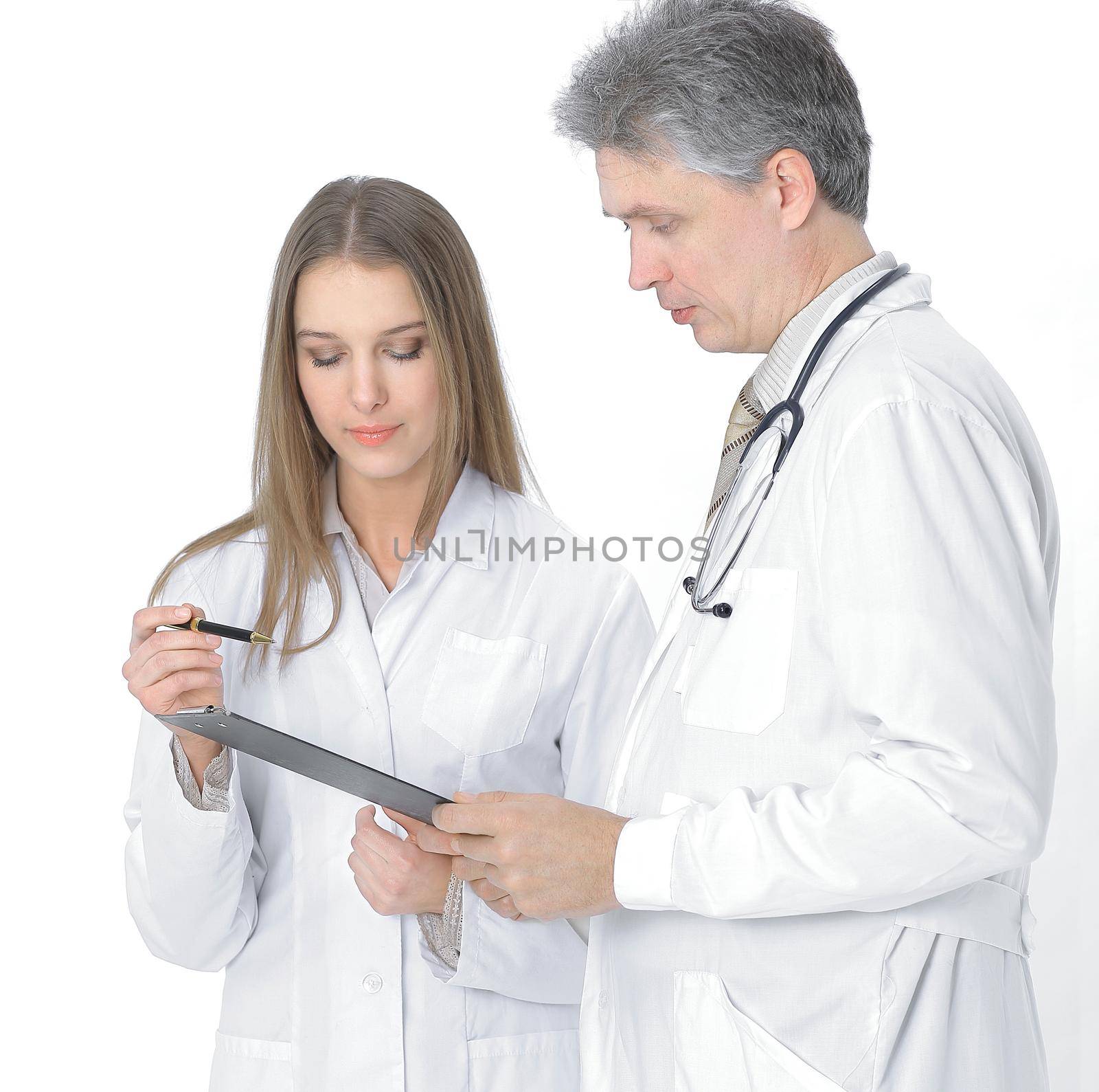 two confident doctor discussing the patient's medical card. isolated on white background