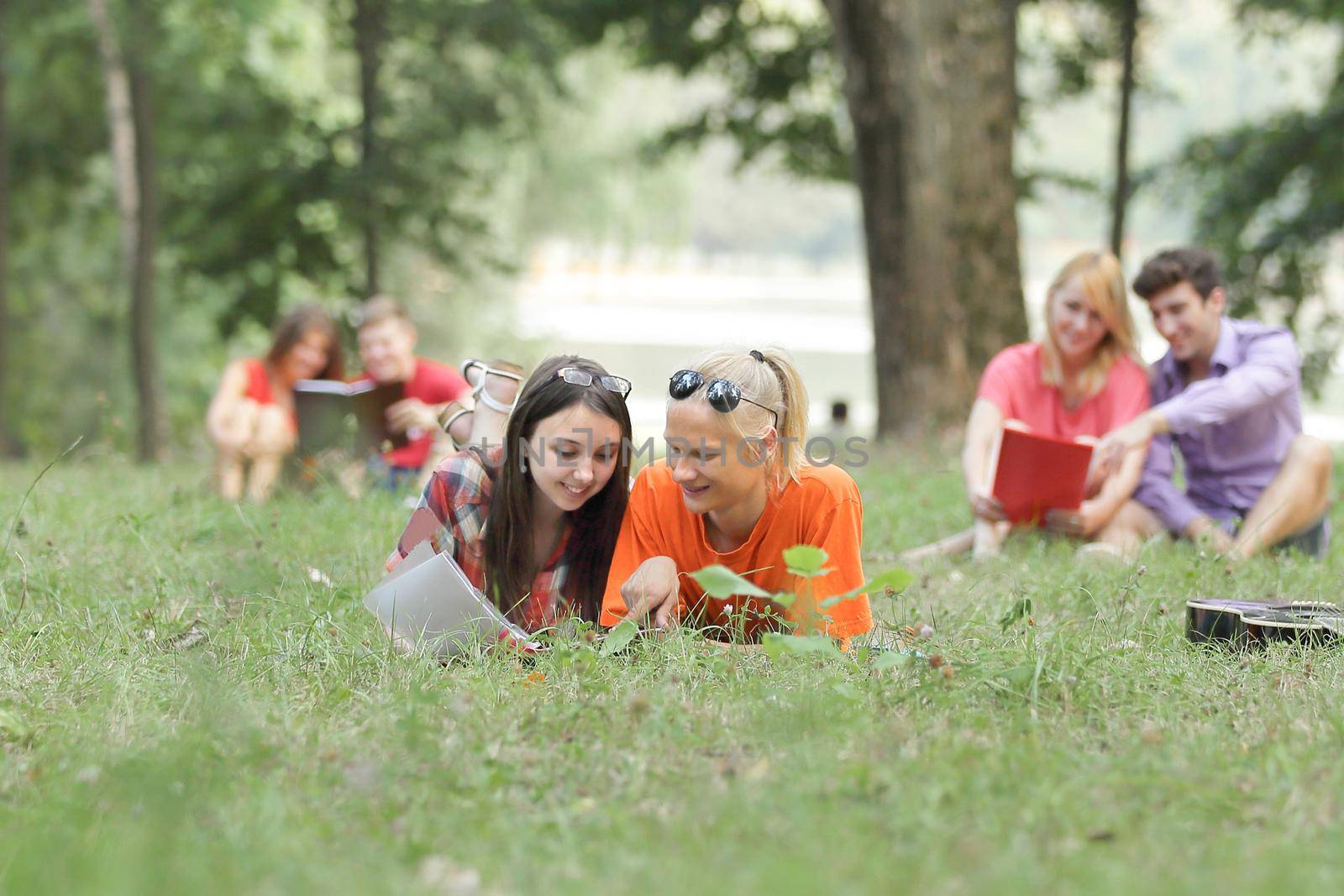 group of student couples preparing for exams in the city Park by SmartPhotoLab