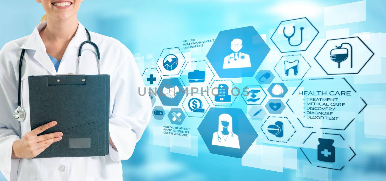 Doctor with health insurance healthcare graphic. by biancoblue