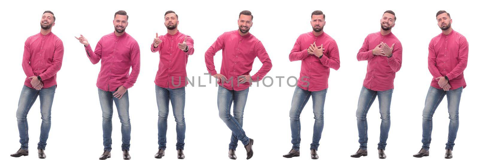 collage of photos of a modern man in a red shirt. isolated on a white background