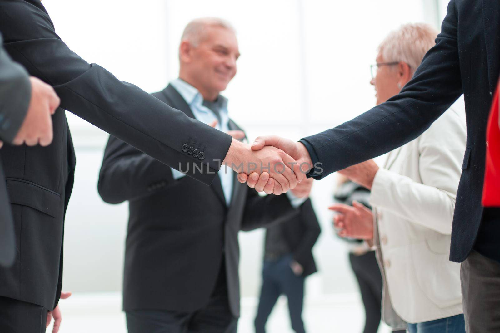 Businessmen making handshake in an office. by asdf