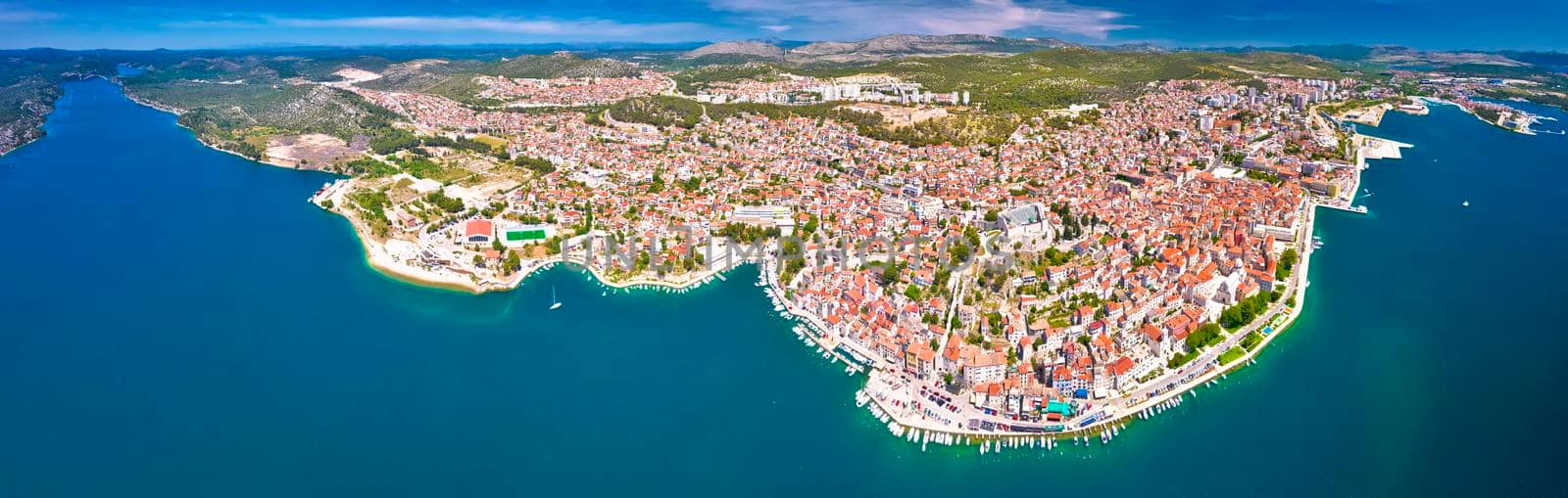 Town of Sibenik waterfront aerial panoramic view, UNESCO world heritage site in Dalmatia region of Croatia
