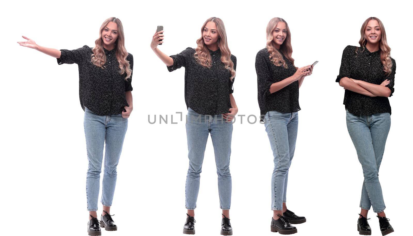 collage of photos of a young man and woman in jeans. isolated on a white background