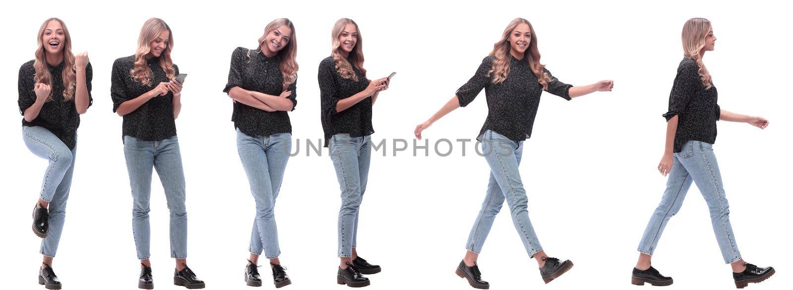 collage of photos of a cute young woman. isolated on a white background