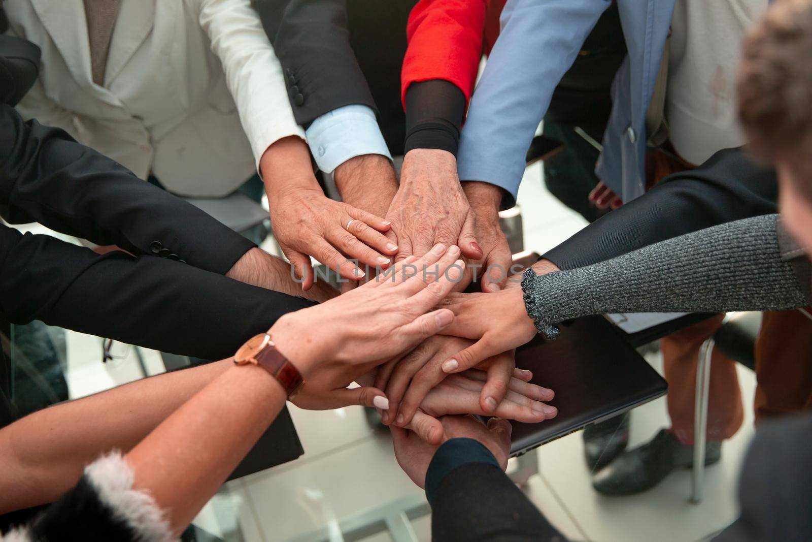 Underneath view, Business teamwork groups people hands, stacked by asdf