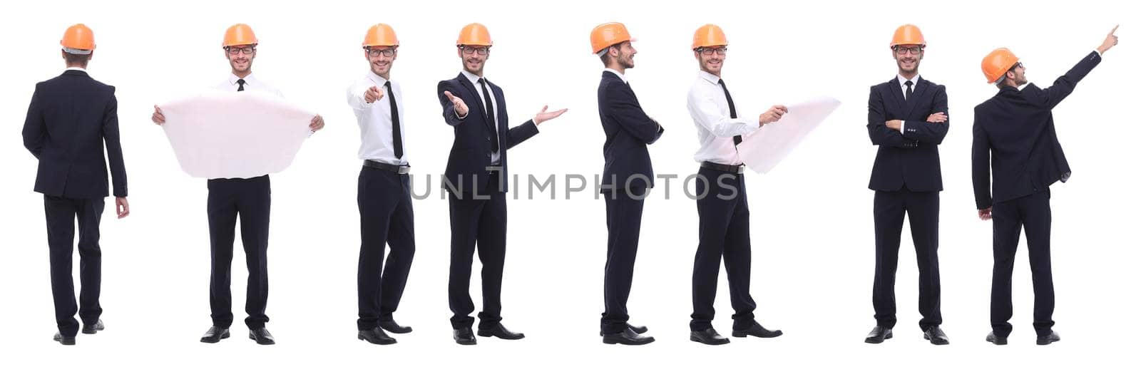 panoramic photo collage of qualified architect isolated on white background