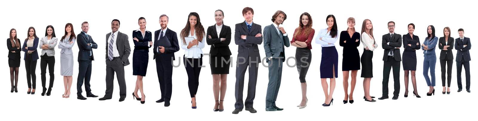 in full growth.boss and his business team standing together. isolated on white background.