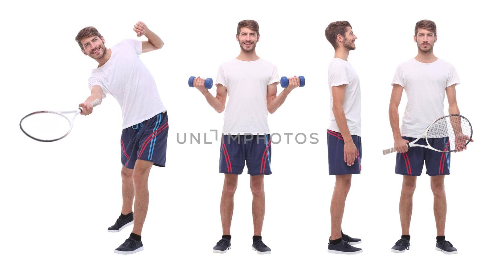 panoramic collage of male handyman isolated on white background.