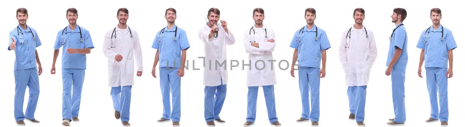 panoramic collage group of medical doctors . isolated on white background