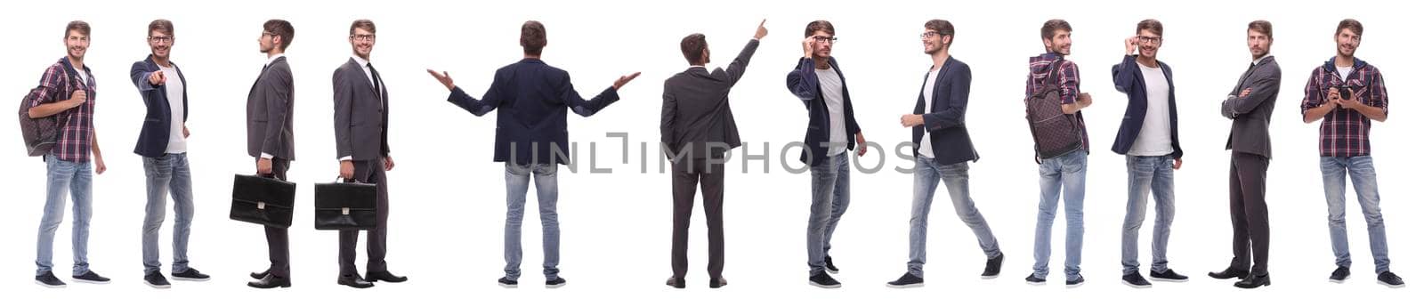 panoramic collage of self-motivated young man .isolated on white background